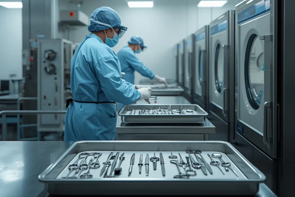 Technicians performing the medical equipment sterilization process in a hospital sterilization unit to ensure patient safety.