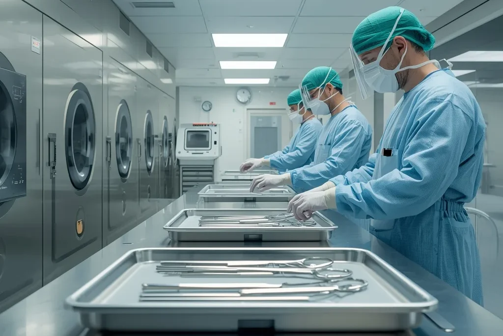 Modern autoclave system disinfecting tools under the medical equipment sterilization process following global healthcare standards.