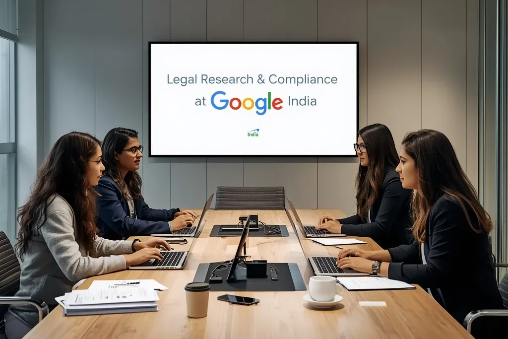 Law students working with mentors during the Google Legal Internship India, focusing on data privacy and corporate compliance in a modern office setting.