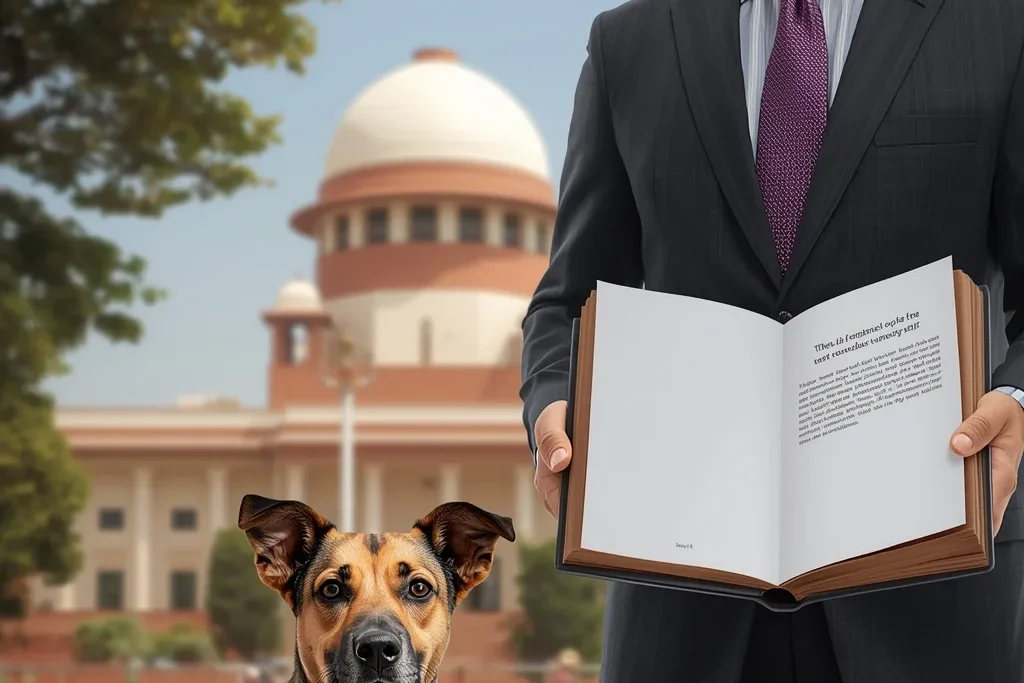 Lawyer holding law book on Supreme Court Order on Feeding Stray Dogs with Supreme Court of India in background.
