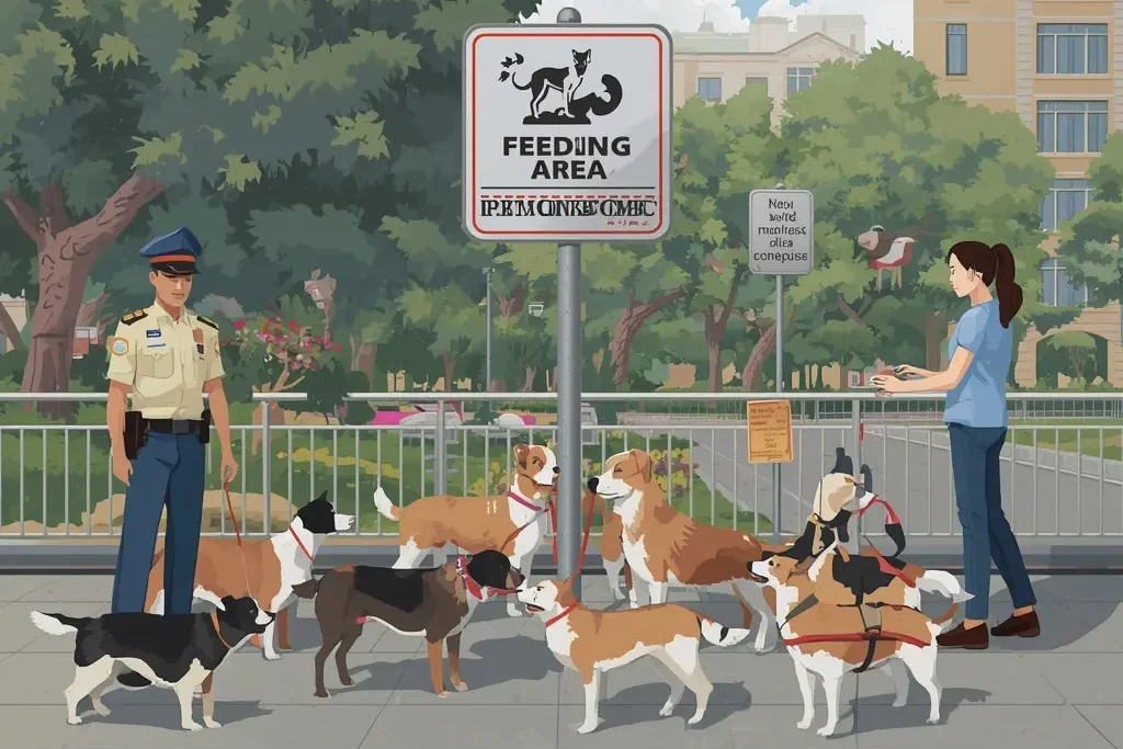 Volunteers following stray dog feeding rules in India by providing food in clean, designated community areas.