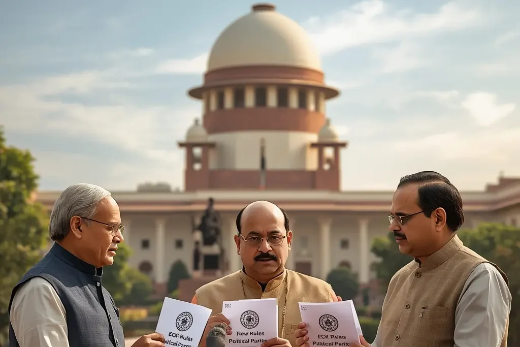 Politicians presenting ECI rules for regulation of political parties outside the Election Commission of India headquarters, highlighting electoral reforms in India.
