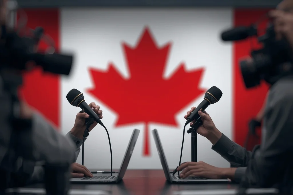 Canadian reporters exercising freedom of speech while following new defamation rules protecting truth and public interest.
