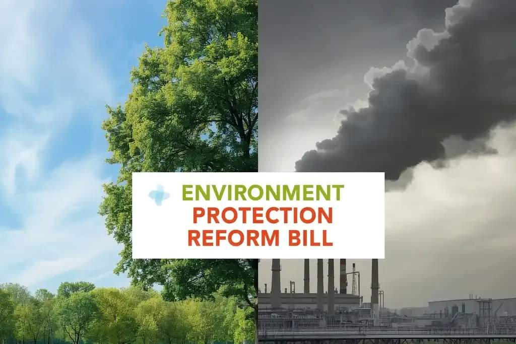 Realistic image showing contrast between green environment and polluted industrial area with banner highlighting Environment Protection Reform Bill