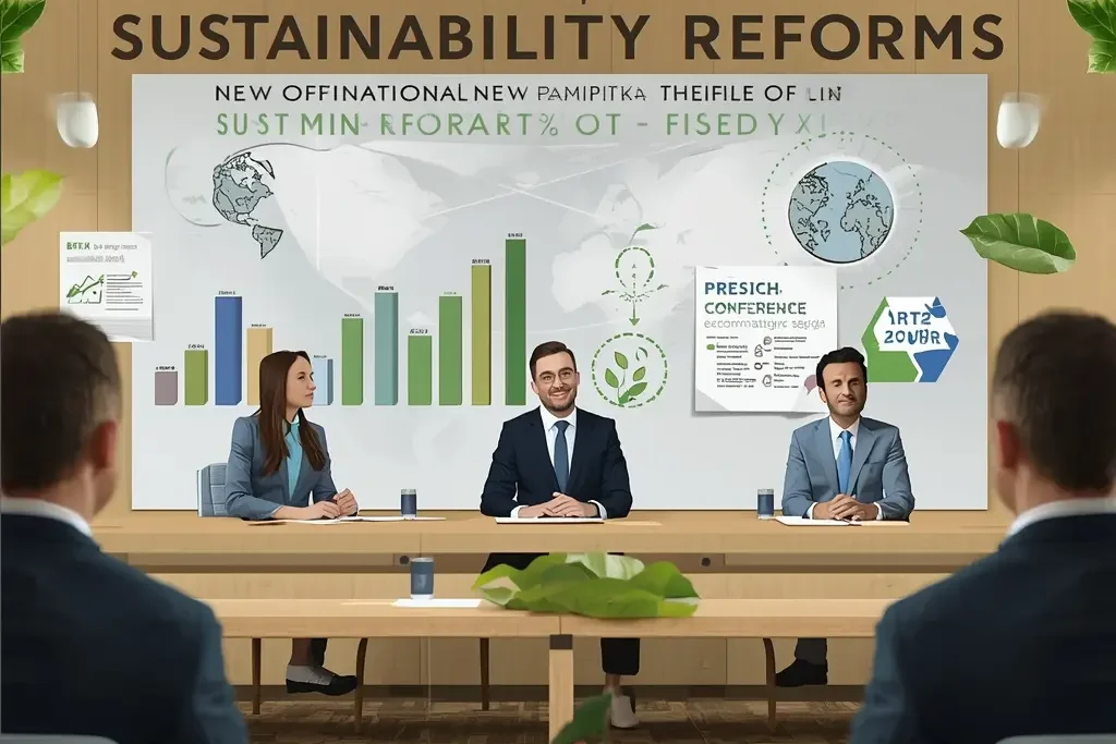 Government officials presenting sustainability reforms and eco policies at press conference highlighting climate protection criticism