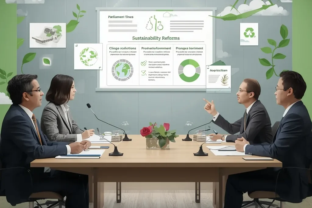 Parliament session discussing new environmental policy changes and government sustainability reforms for greener future