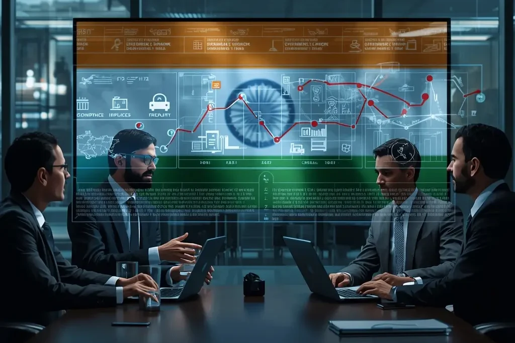 Professional image showing Indian officials discussing global exports and digital reforms under the Foreign Trade Policy 2023–28.