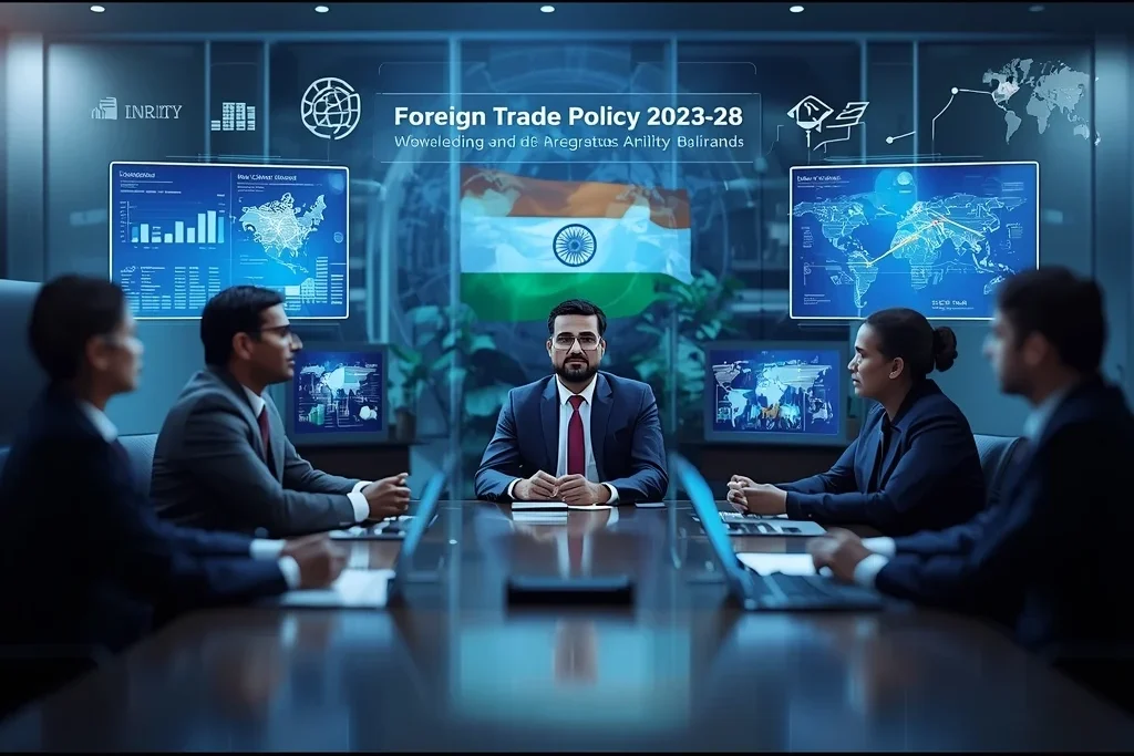 Realistic image of policymakers planning India’s economic growth and export strategies through new Government Trade Reforms.