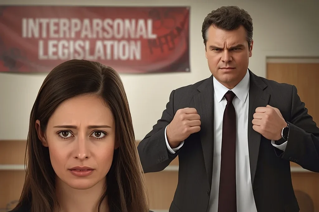 A woman facing emotional abuse with a man in background and banner showing Interpersonal Abuse Legislation for victim awareness.