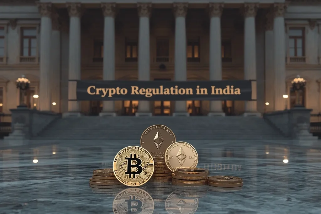 Swiss-bank building background with Bitcoin and Ethereum tokens in foreground and banner reading ‘Crypto Regulation in India.