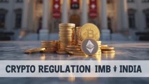 Swiss bank building with Bitcoin and Ethereum coins symbolizing global finance and India crypto laws under new regulations.