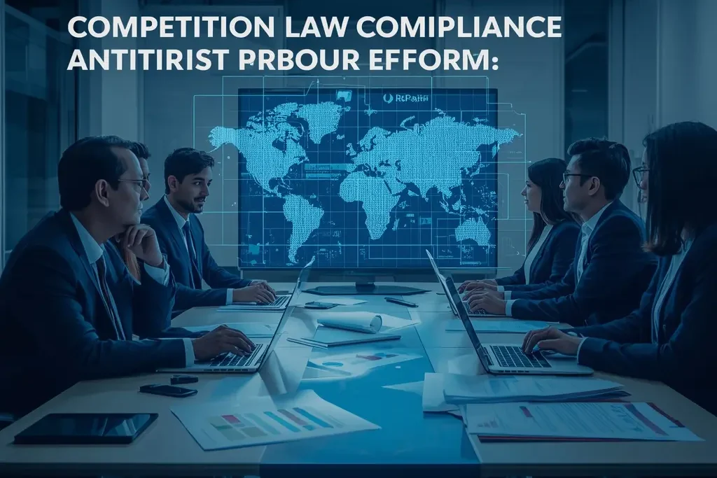 Business professionals discussing competition law compliance and antitrust reforms in a modern corporate meeting setting