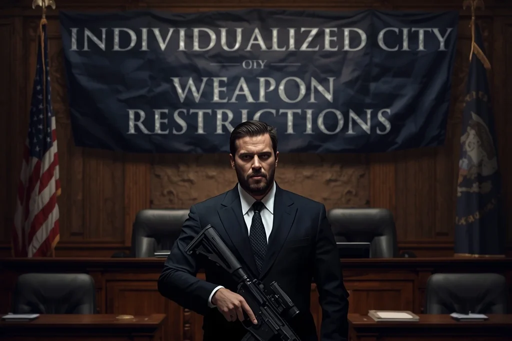 Man with rifle in dark courtroom showing banner ‘Individualized City Weapon Restrictions.