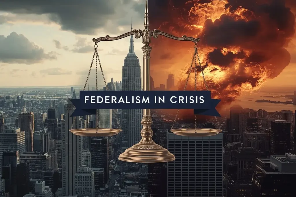 Divided city skyline showing peace and gun violence with justice scale symbolizing Federalism in Crisis.