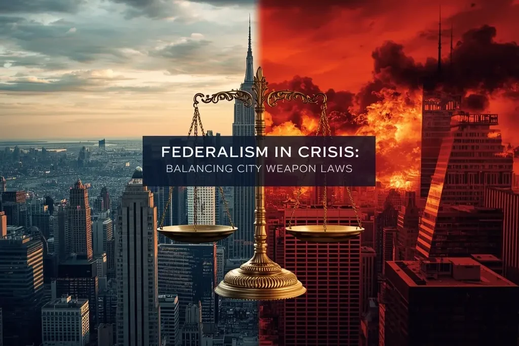 Modern digital illustration of city conflict and law balance reflecting Federalism in Crisis theme.