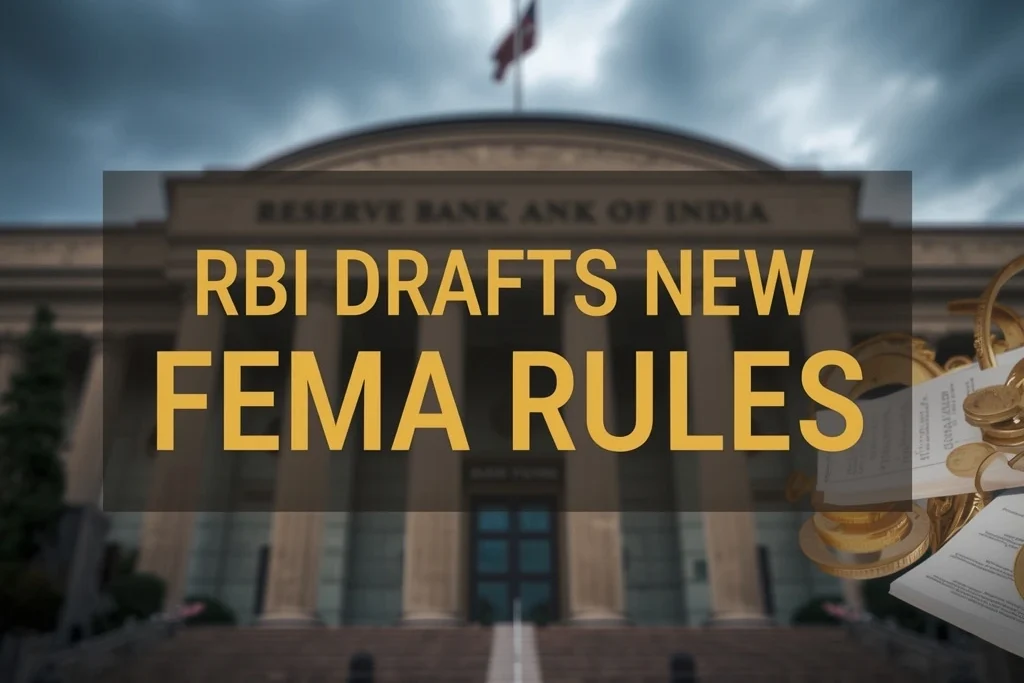 RBI building with banner showing RBI Drafts New FEMA Rules highlighting new foreign office compliance regulations in India