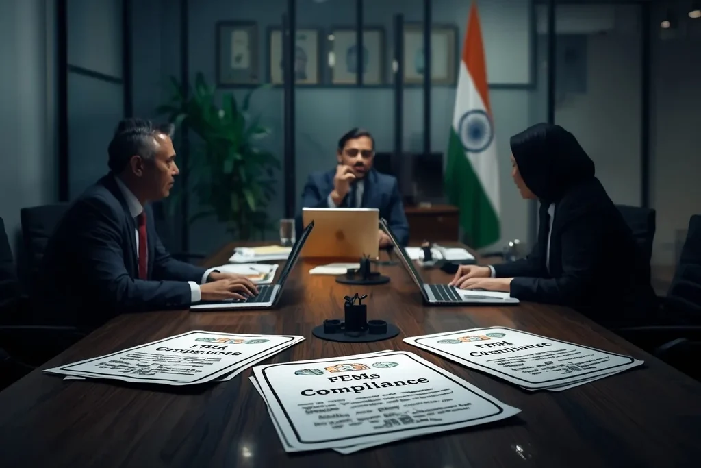 Corporate meeting on international business compliance under new RBI FEMA rules for foreign investments in India.