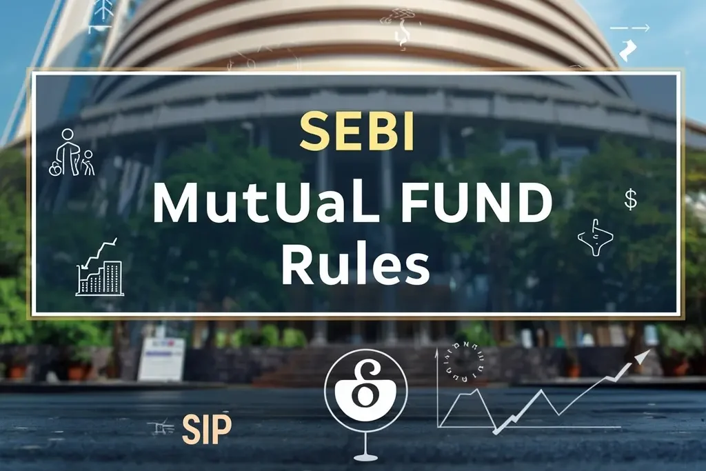 Stock exchange image with banner on SEBI mutual fund rules and SIP, mutual fund logos.