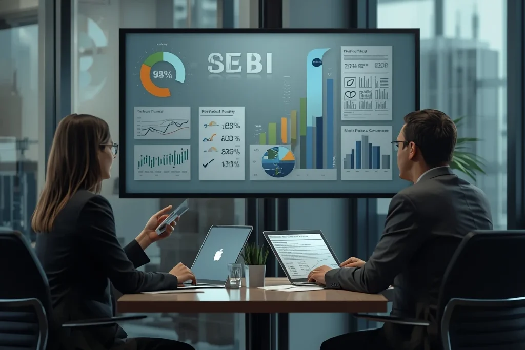Financial advisor discussing SEBI mutual fund regulations 2025 with an investor using charts and compliance reports.