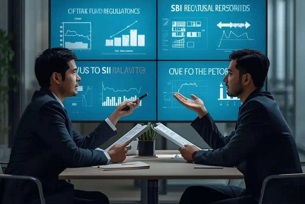 Realistic office scene showing documents and digital screens explaining SEBI mutual fund regulations 2025 for investor awareness.