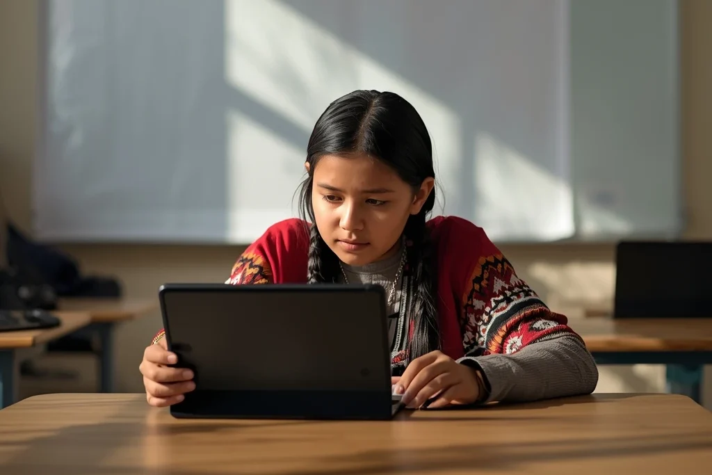 Tribal Education Development classroom showing students using digital learning tools.