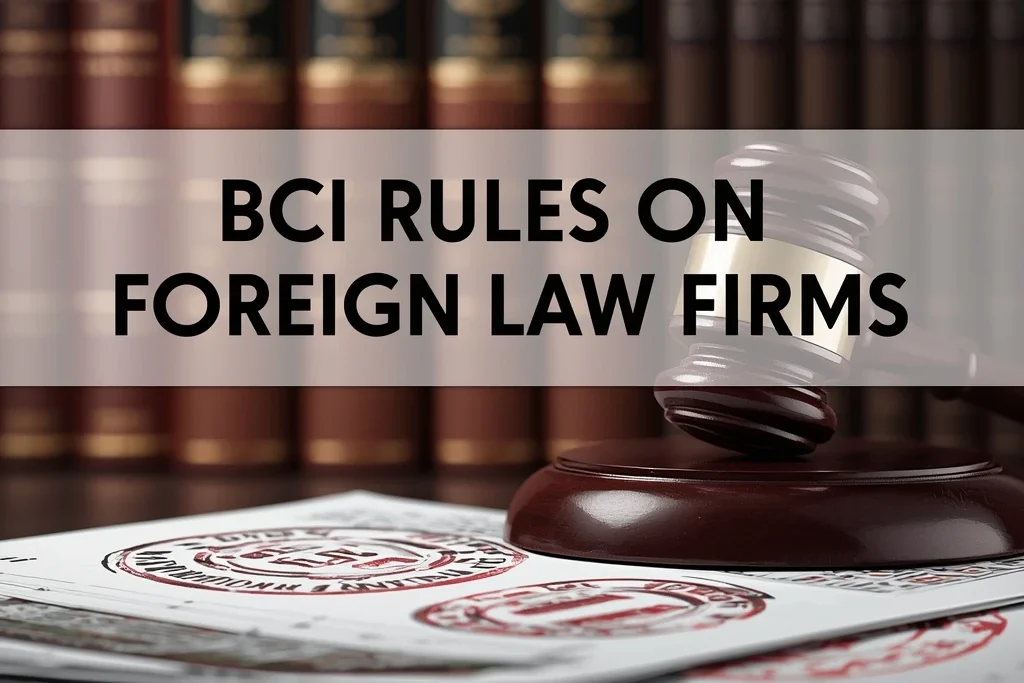Law book background with a foreign negative interest scene and a banner displaying BCI rules on foreign law firms.