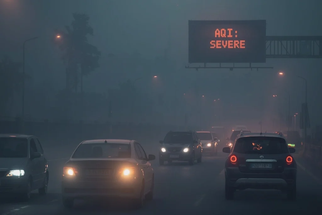 Realistic view of heavy Delhi smog level covering city traffic and skyline during peak pollution.