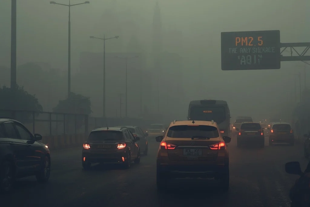Image showing dense haze and low visibility representing the Delhi air pollution crisis on busy roads.