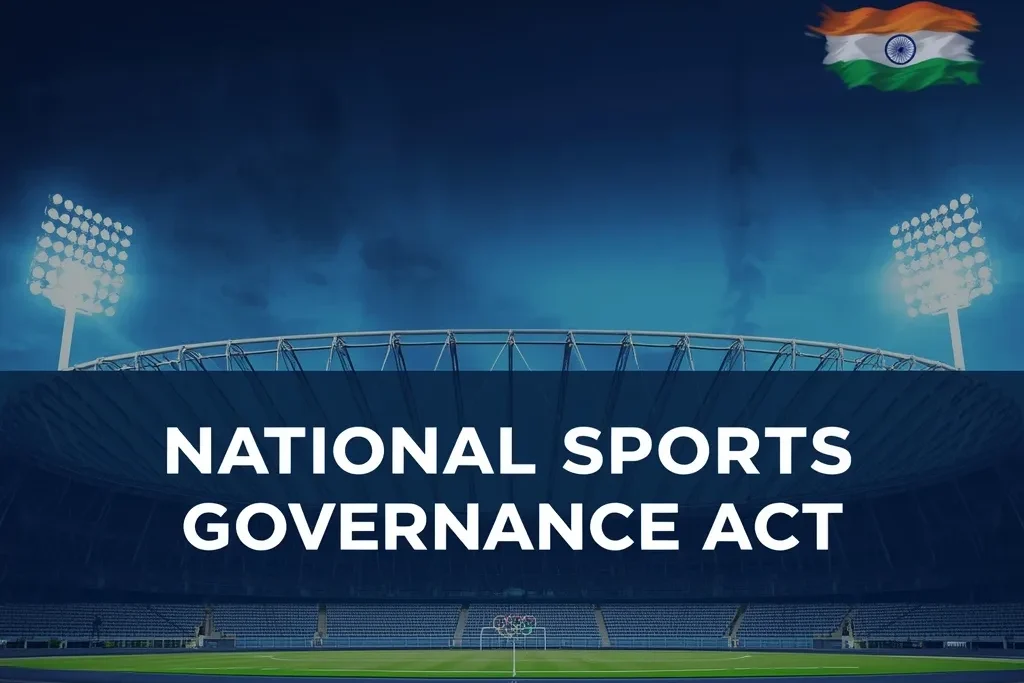 Realistic image of sports complex with Olympics icon, Indian flag, and National Sports Governance Act 2025 banner