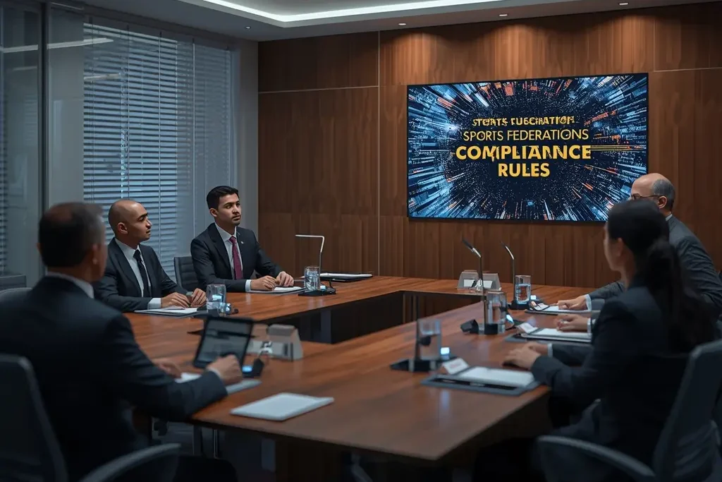 Sports federations compliance rules highlighted on a digital governance dashboard inside a modern sports administration center.