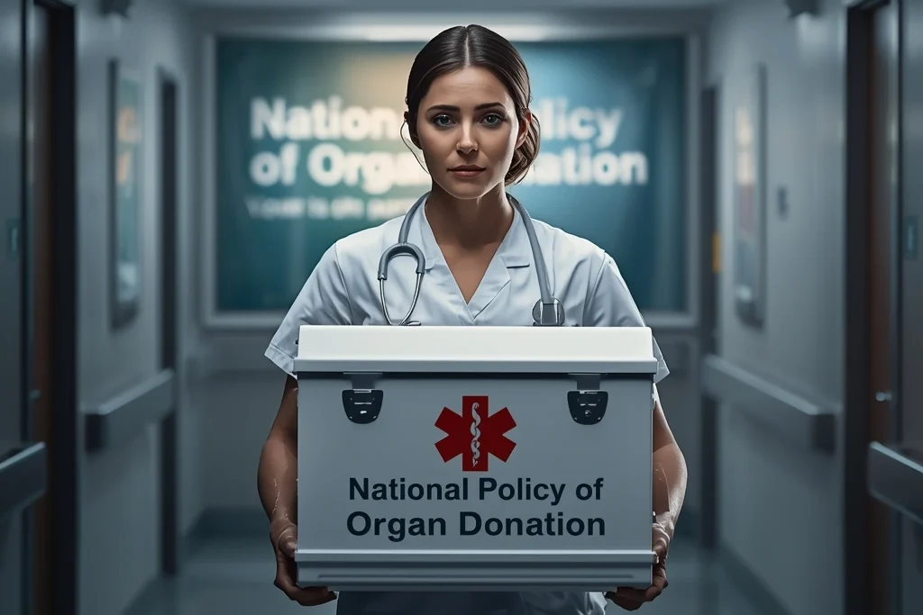 Nurse carrying organ box with National Policy for Organ Donation banner.