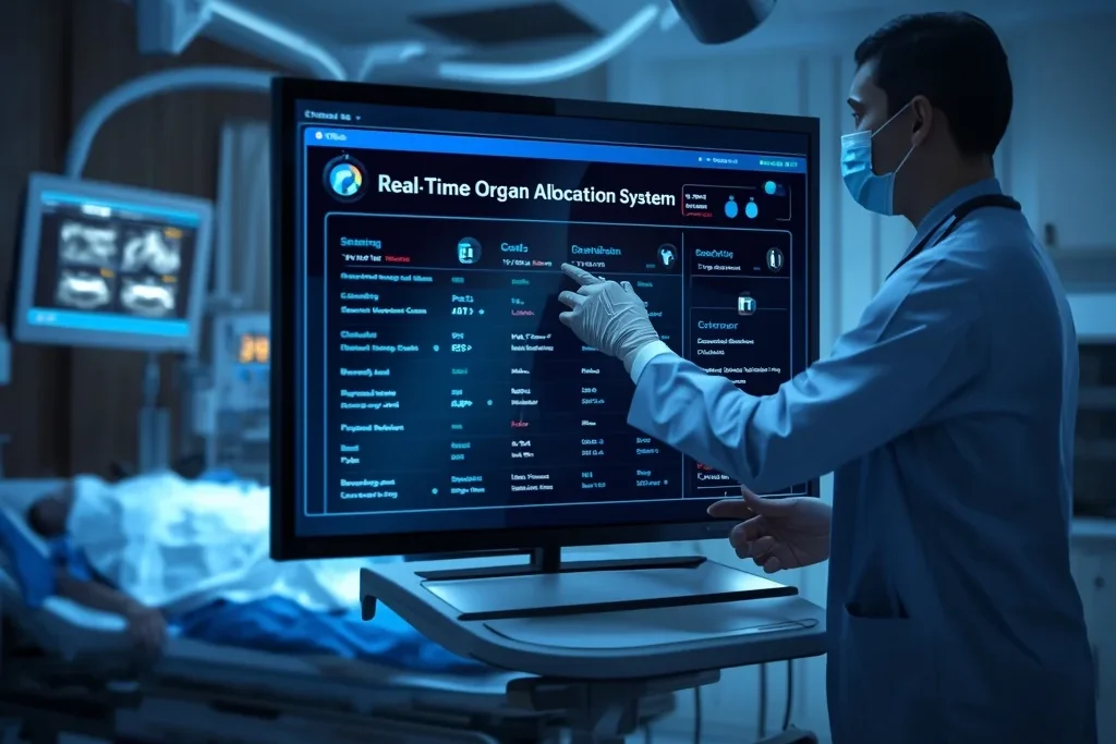 Doctor using digital dashboard for organ allocation technology keyword.