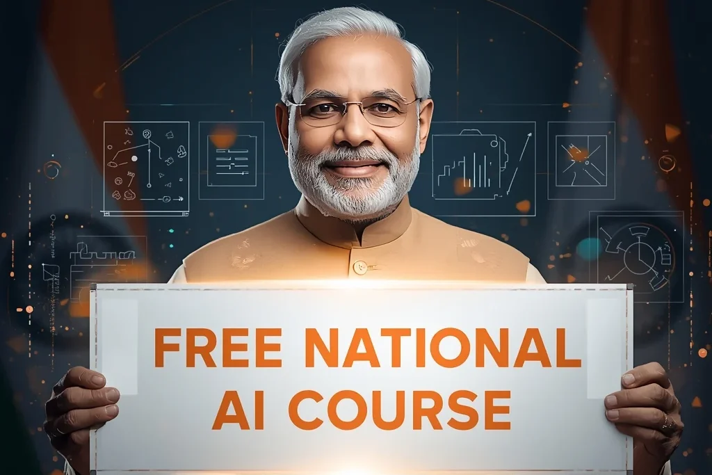 Prime Minister Narendra Modi promoting the Free National AI Course with a futuristic digital banner and realistic visual effects.