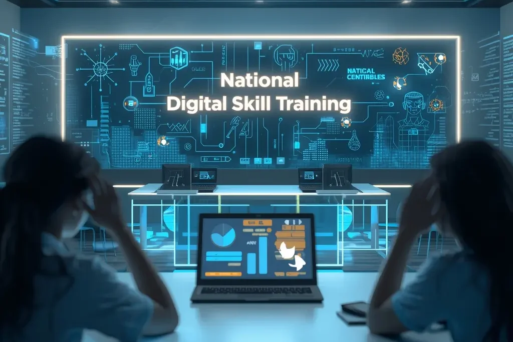 Students learning through holographic AI tools in a digital classroom highlighting National Digital Skill Training.