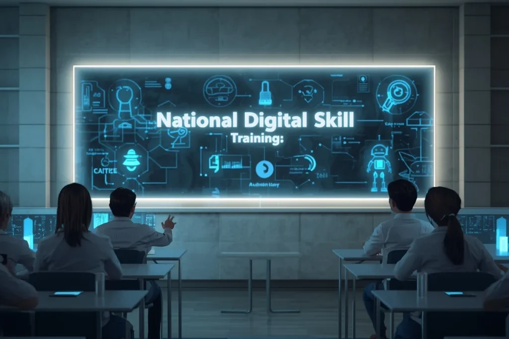 Futuristic education setup with interactive AI visuals representing India’s National Digital Skill Training initiative.