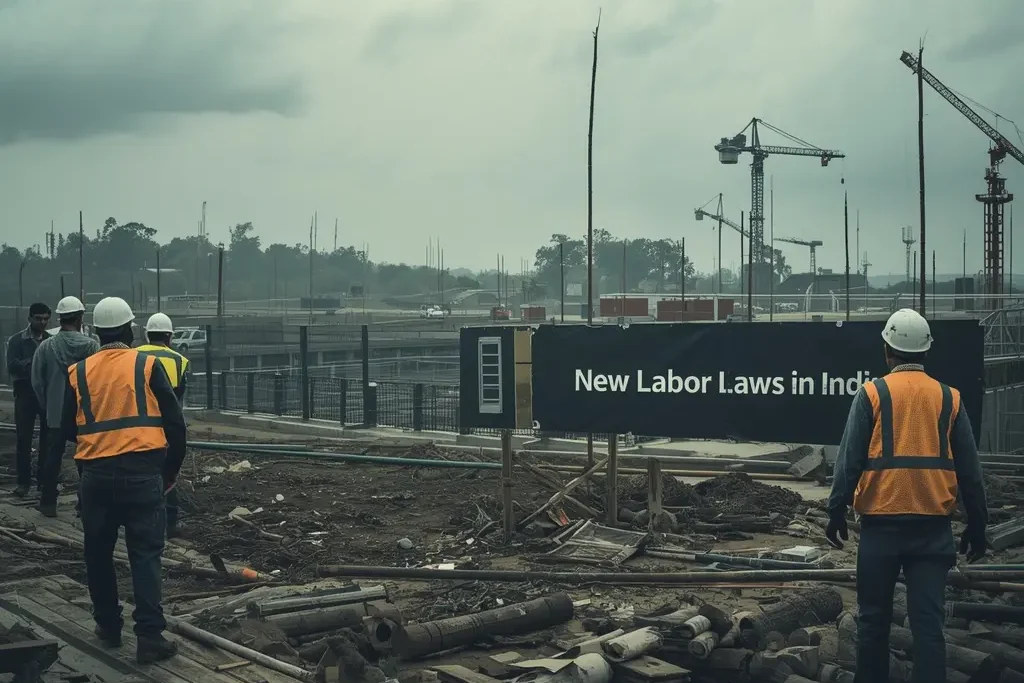 Realistic image of construction field with labour workers and a banner showing New Labour Laws in India highlighting negative impact concerns.