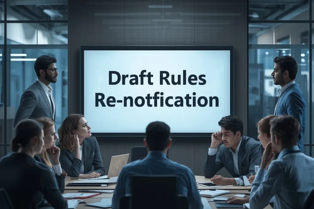 Employees reviewing Draft Rules Re-notification on office screen.