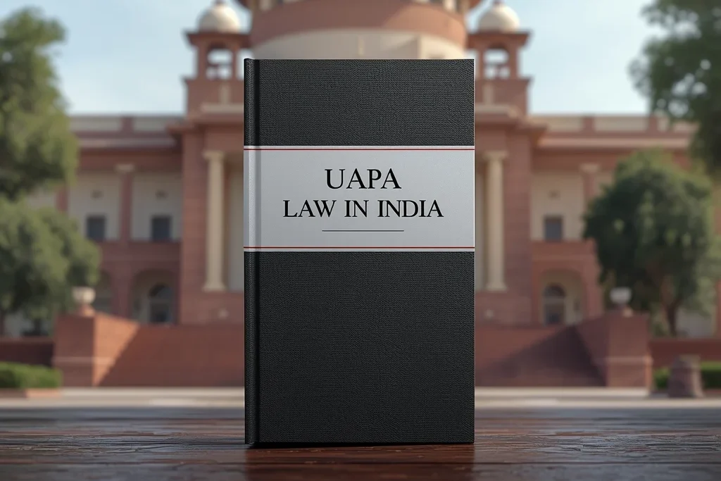 Realistic image of an Indian court with a law book displaying the focus keyword UAPA Law in India in the foreground.