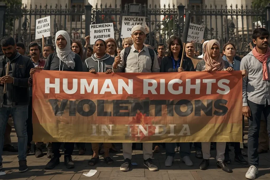 Realistic scene of human rights activists protesting peacefully, highlighting the keyword “Human Rights Violations in India".