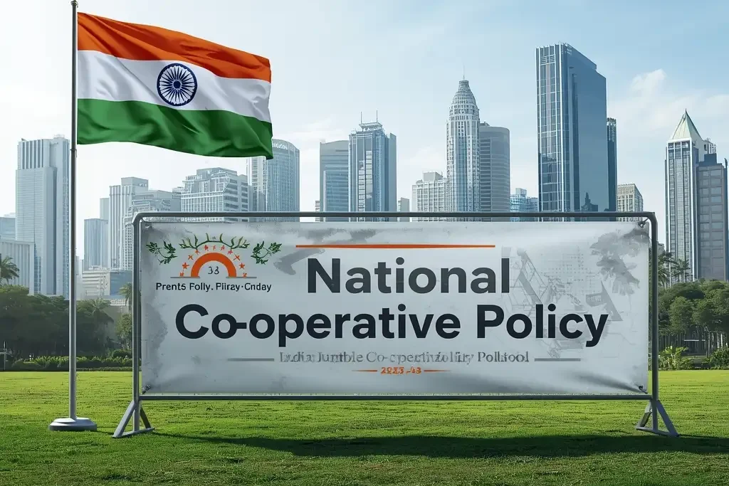 Realistic image showing India corporation buildings with Indian flag and banner displaying National Cooperative Policy symbolizing growth and cooperation.