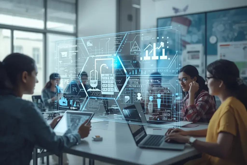 Farmers and entrepreneurs using digital devices in a modern office showcasing Digital Cooperative Governance under India’s cooperative reforms.