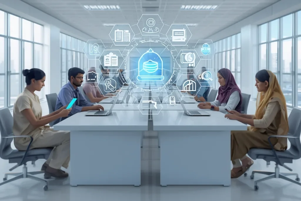 Realistic image of rural members collaborating in a tech-enabled workspace representing Cooperative Development in India.