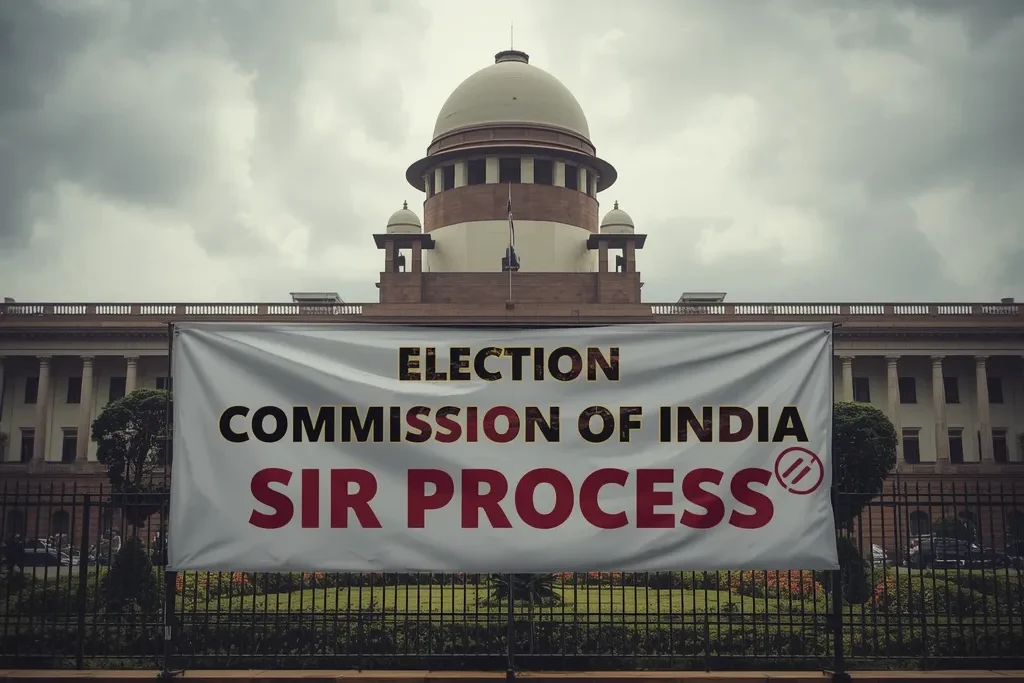 Election Commission of India building in the background with a banner showing 'Election Commission of India SIR Process', highlighting voter roll controversy.