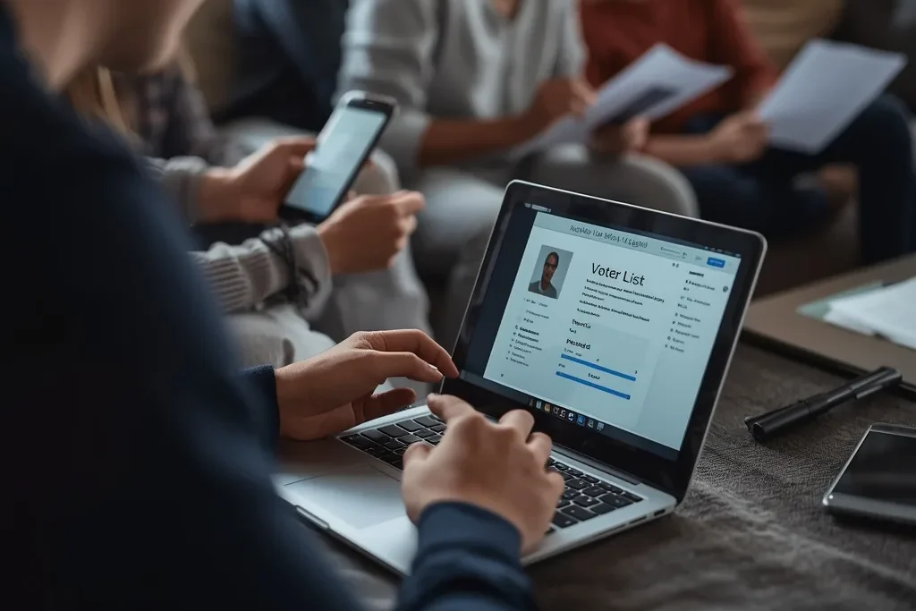 Citizens using laptops and smartphones for voter ID card verification online, ensuring accurate voter list participation.