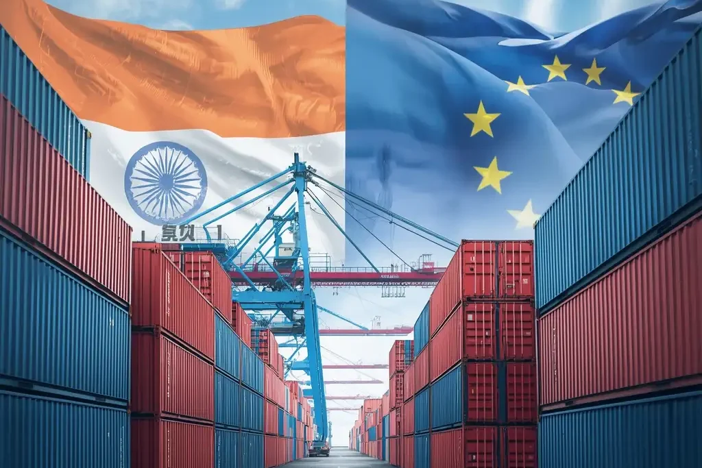 Sea port with commercial containers, India and EU flags in background, banner showing 'Get benefits from India EU Trade Deal'