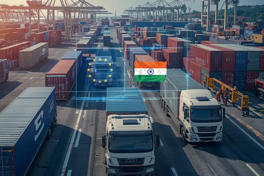 Modern logistics hub with trucks and warehouses, India and EU flags, highlighting India EU trade opportunities