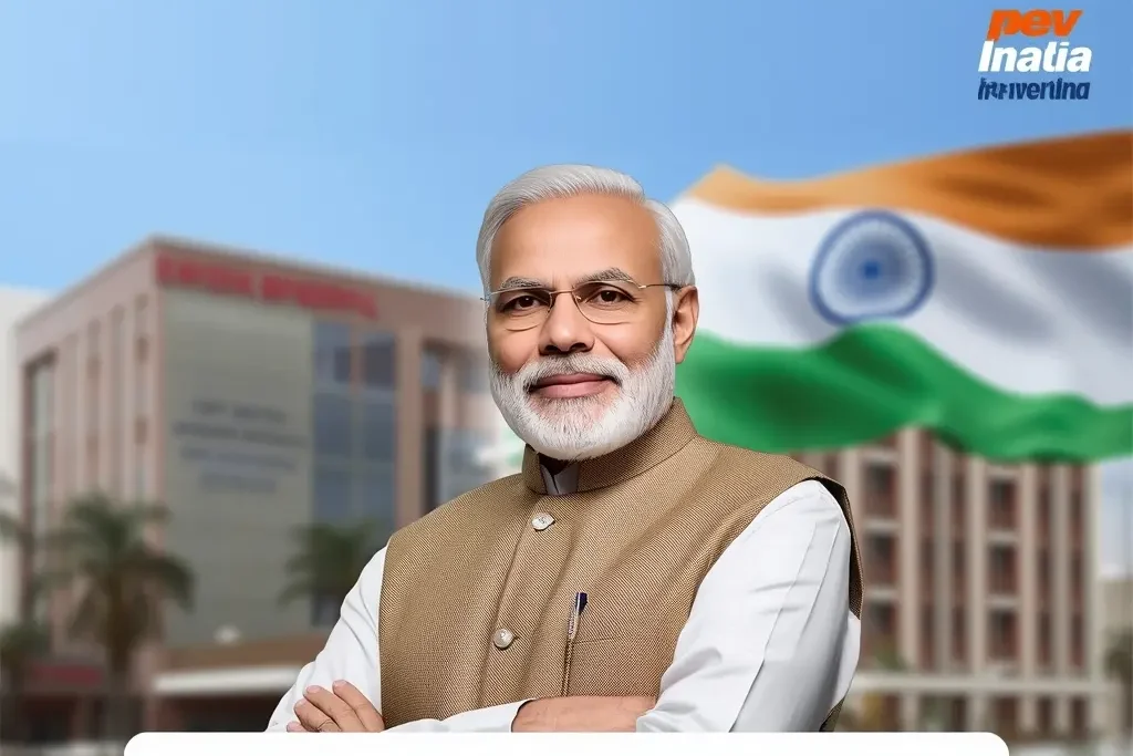 Narendra Modi promoting Ayushman Bharat Yojana benefits with hospital in background and Indian flag, highlighting government healthcare initiative in India