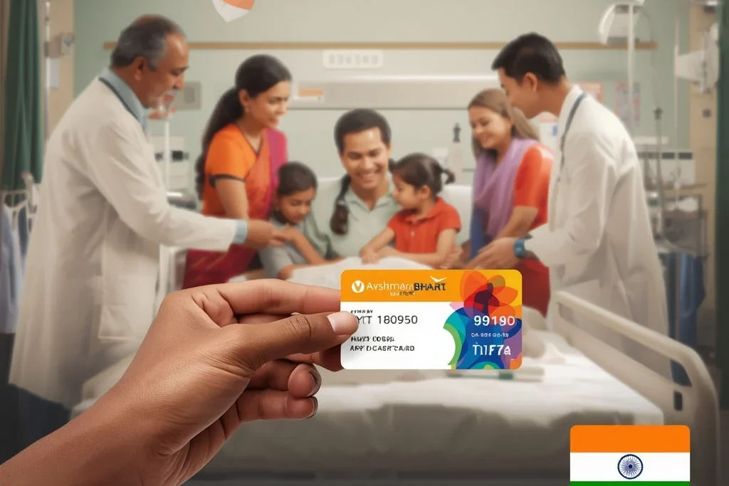 Family accessing Ayushman Bharat health insurance benefits at a hospital, showcasing cashless treatment and government medical support in India
