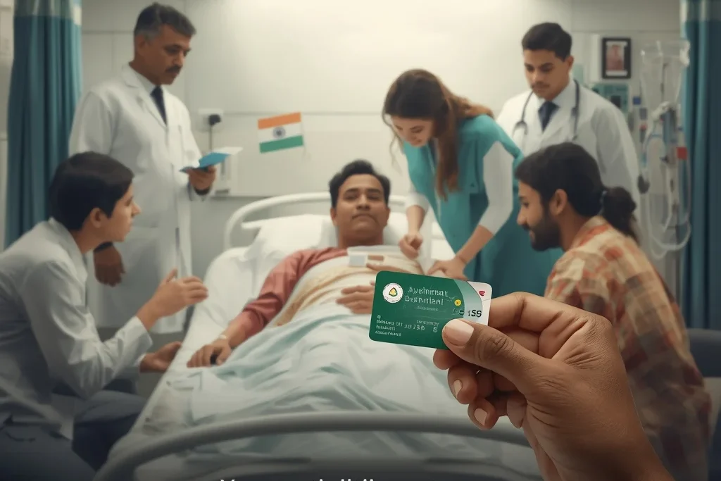 Doctors assisting a patient under Ayushman Bharat Pradhan Mantri Jan Arogya Yojana, highlighting free healthcare services and government scheme coverage