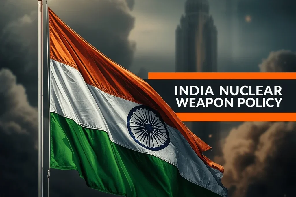 Realistic image of the Indian flag with a nuclear bomb silhouette in the background and a banner showing India Nuclear Weapon Policy in a tense, negative-interest scene.